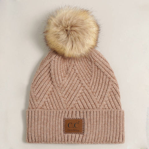 Warm Grey Heather Cuff Beanie with Pom-Pom - One Size - Fashion City