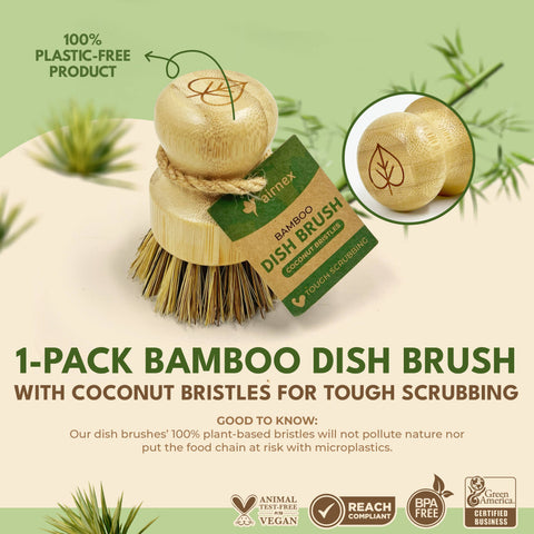 Natural Cleaning Dish Brush, Bamboo w/Coconut Bristles - Airnex