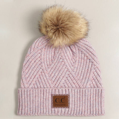 Warm Grey Heather Cuff Beanie with Pom-Pom - One Size - Fashion City