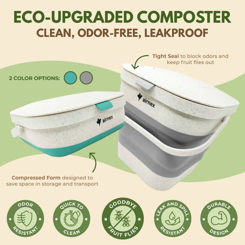 Home Composter Kit: Green, Collapsible Kitchen Compost Bin, 1 Gallon - AIRNEX