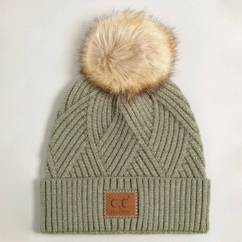 Warm Grey Heather Cuff Beanie with Pom-Pom - One Size - Fashion City