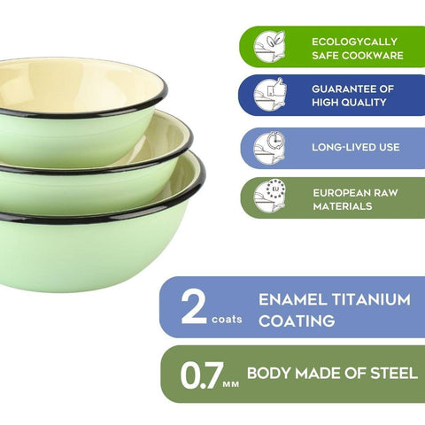 Mint Сoolness Enamel Steel Bowl, Set of 3 (1.6, 2.7, 4.2 qt) - STP