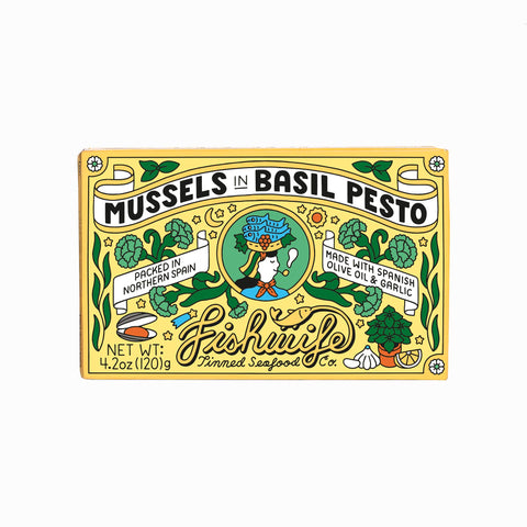 Mussels in Basil Pesto, 4.2 oz tin - Fishwife