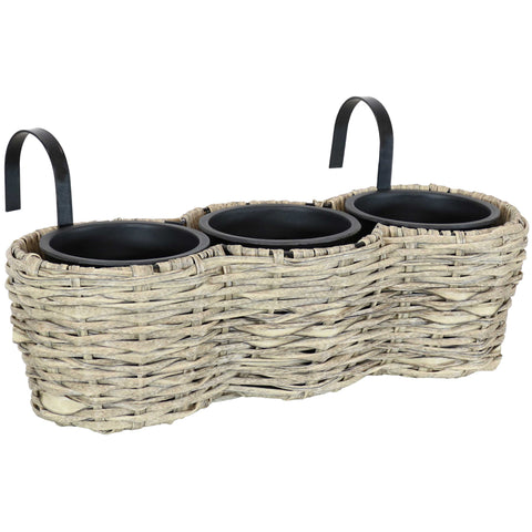 Round Polyrattan Over-the-Rail Tri-Planter, Frost - Sunnydaze Decor