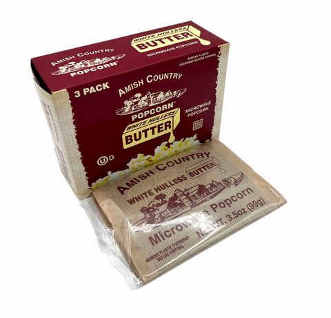 Microwave Popcorn - Buttery White Hulless, 3 pack, 3.5 oz each - Amish Country Popcorn