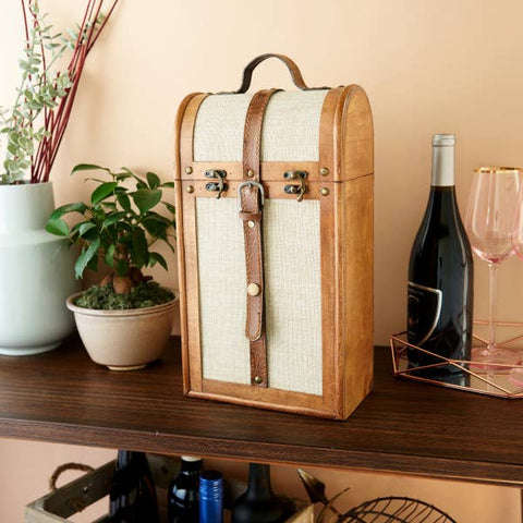 2-Bottle Vintage Wood Wine Trunk with Faux Leather Handle - Twine