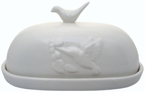 Hummingbird Butter Dish, White - JBK Pottery