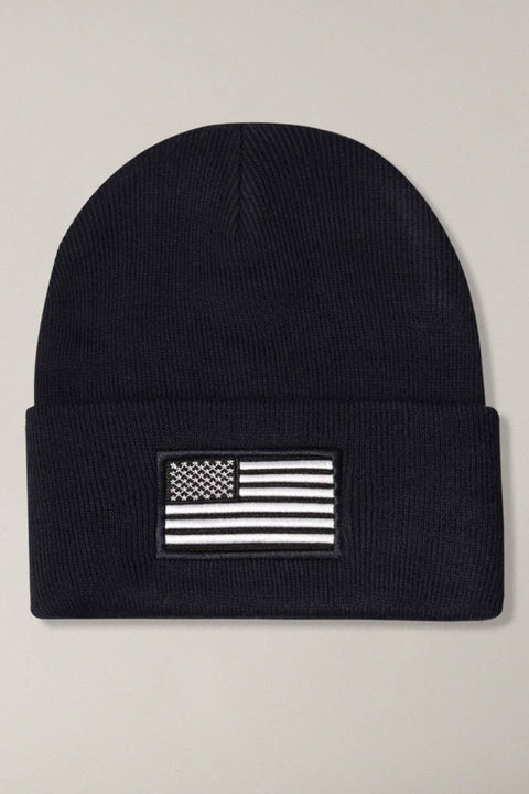 Black USA Flag Embroidery Patch Foldable Cuff Beanie Hat: One Size - Fashion City