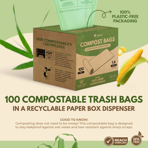 100 Compostable Trash Bags 1.6 Gal - Box of 100 Compost Bin Bags - AIRNEX