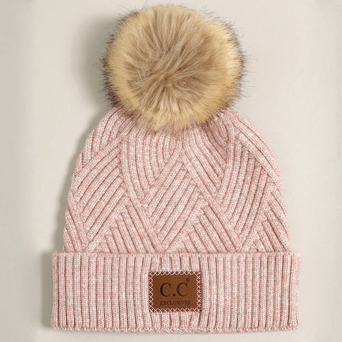 Warm Grey Heather Cuff Beanie with Pom-Pom - One Size - Fashion City