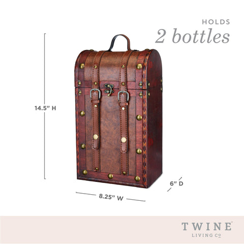 2-Bottle Antique Wood Wine Trunk with Faux Leather Handle - Twine