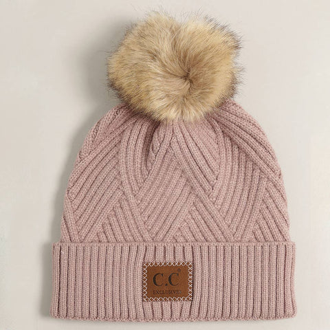 Warm Grey Heather Cuff Beanie with Pom-Pom - One Size - Fashion City