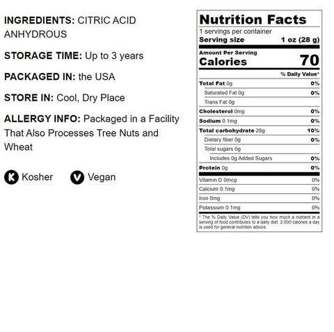 Citric Acid Powder – Anhydrous, Fine Granules, Kosher: 4 Ounces - Food To Live