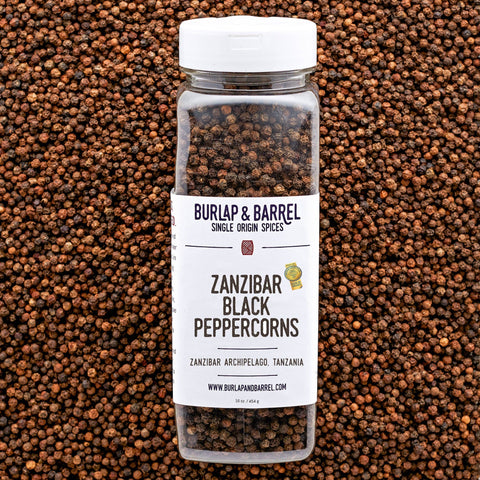 Zanzibar Black Peppercorns - Single Origin Spice & Seasoning: 1.7 oz grinder-top jar - Burlap & Barrel