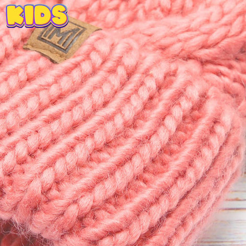 Dusty Blue Kid's Cable Knitted Faux Fur Pom Beanie Hat: Kids - One Size - Fashion City