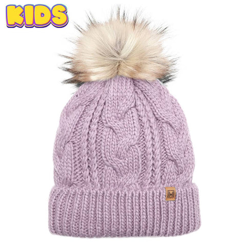 Mint Kid's Cable Knitted Faux Fur Pom Beanie Hat: Kids - One Size - Fashion City