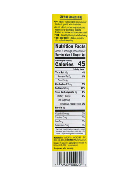 Anchovy Paste, 2 oz Tube, made in USA - Giovanni's