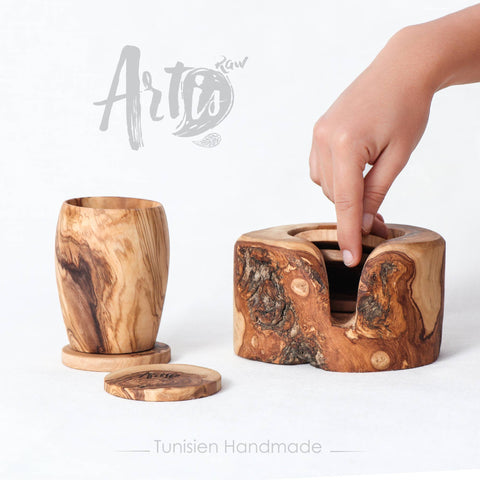 Olive Wood Coaster Set of 6 with Holder - ArtisRaw