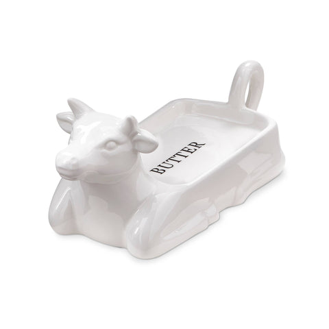 Farmhouse Cow Butter Dish, White - tag