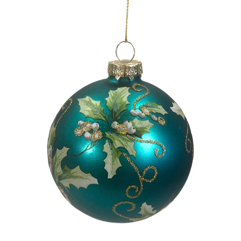 Teal Christmas Holly Holiday Berry Ornament, 4in - David Christopher's Collection