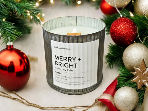 Merry + Bright Rustic Vintage Farmhouse Wood Wick Candle: 10oz - Anchored Northwest