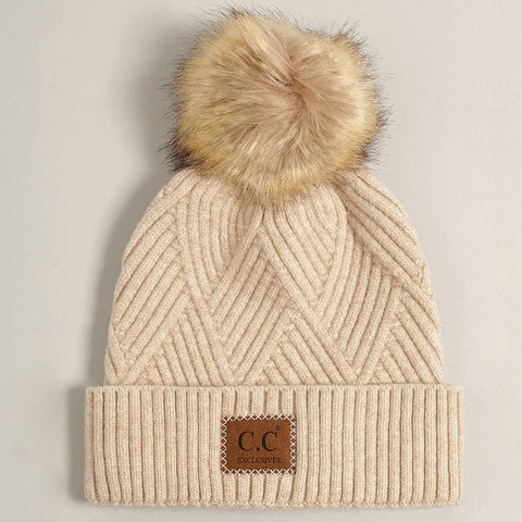 Warm Grey Heather Cuff Beanie with Pom-Pom - One Size - Fashion City