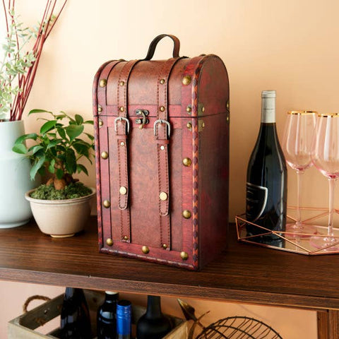 2-Bottle Antique Wood Wine Trunk with Faux Leather Handle - Twine