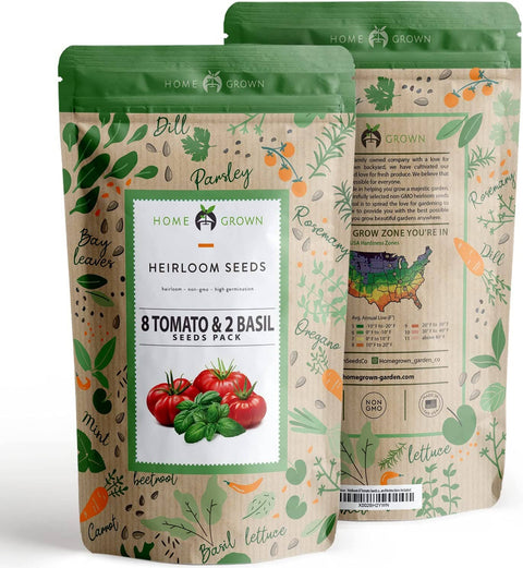 8 Tomato Seeds and 2 Basil Herb Seeds - Non GMO, Heirloom - Homegrown Garden