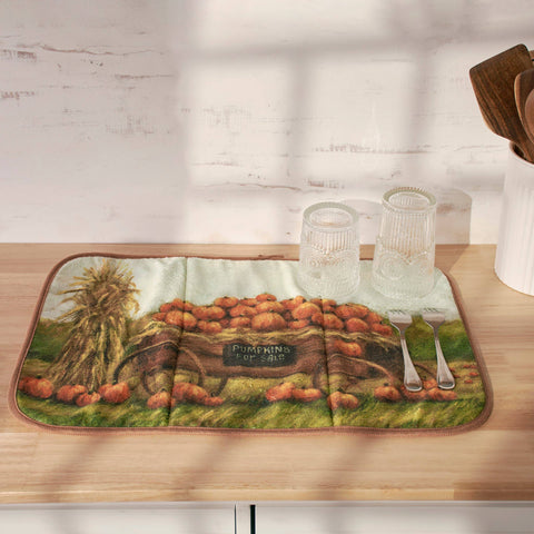 Pumpkin Wagon Dish Drying Mat, 21"x14" - Primitives by Kathy