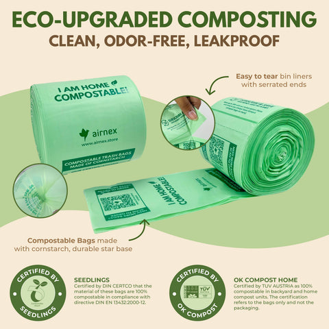 100 Compostable Trash Bags 1.6 Gal - Box of 100 Compost Bin Bags - AIRNEX