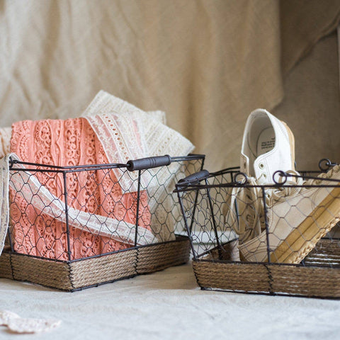 Wire Carry Basket With Hemp Rope Bottom Rectangular: Large - Rustic Reach