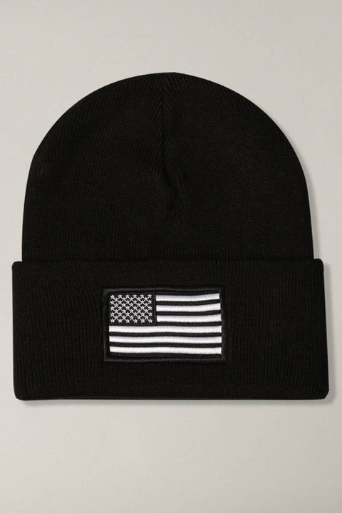 Black USA Flag Embroidery Patch Foldable Cuff Beanie Hat: One Size - Fashion City