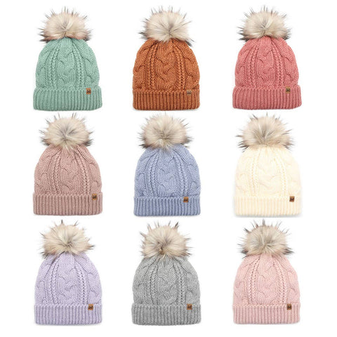 Mint Kid's Cable Knitted Faux Fur Pom Beanie Hat: Kids - One Size - Fashion City