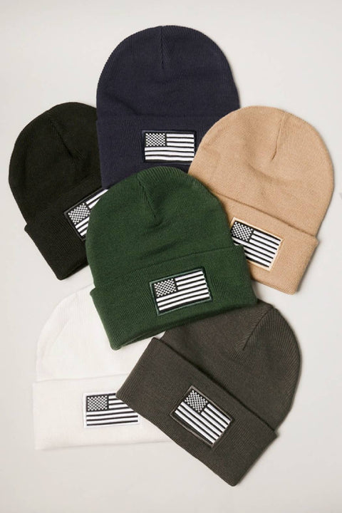 Black USA Flag Embroidery Patch Foldable Cuff Beanie Hat: One Size - Fashion City