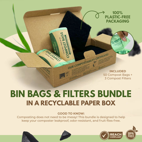 50 Compostable Trash Bags + 3 Compost Bin Filters Bundle - AIRNEX