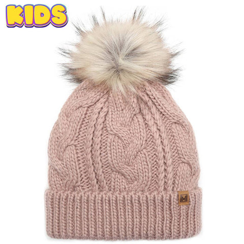 Mint Kid's Cable Knitted Faux Fur Pom Beanie Hat: Kids - One Size - Fashion City