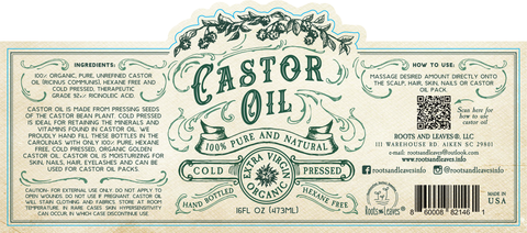 Organic Cold Pressed Castor Oil, 16 oz, Hexane Free USA bottled - Roots And Leaves