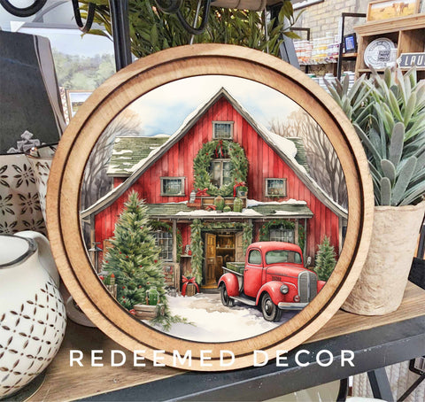 Red Christmas Barn Art - 8 in Round - Redeemed Decor