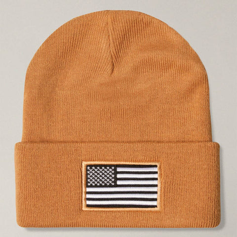 Dark Green USA Flag Embroidery Patch Foldable Cuff Beanie Hat: One Size - Fashion City