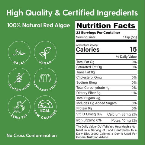 Agar Agar Powder, 4oz, Vegan Gelatin Substitute - Hearthy Foods