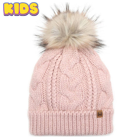 Mint Kid's Cable Knitted Faux Fur Pom Beanie Hat: Kids - One Size - Fashion City