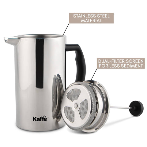 French Press Coffee Maker, 34 oz (0.8L), Double-Wall Stainless Steel - Kaffe