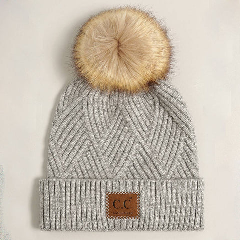 Warm Grey Heather Cuff Beanie with Pom-Pom - One Size - Fashion City