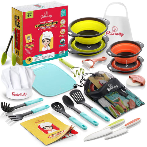 18 pc Kids Cooking Sets Real Utensils With Kitchen Tool Guide - Baketivity Corp