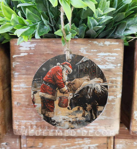 Wood Ornament Santa With Cows - Redeemed Decor