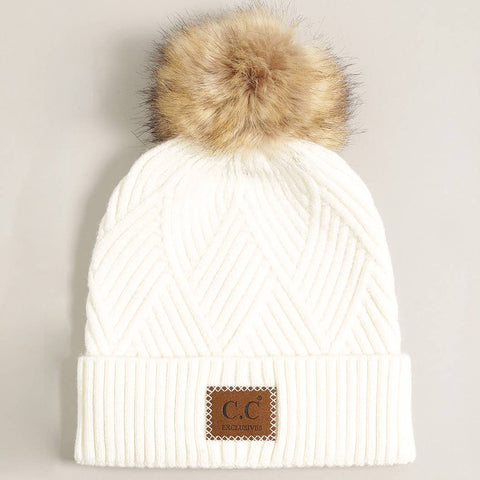 Warm Grey Heather Cuff Beanie with Pom-Pom - One Size - Fashion City