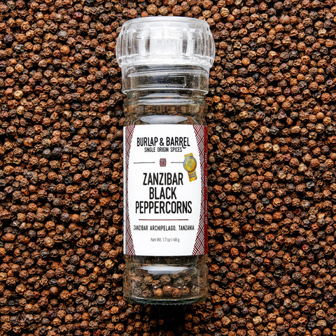 Zanzibar Black Peppercorns - Single Origin Spice & Seasoning: 1.7 oz grinder-top jar - Burlap & Barrel