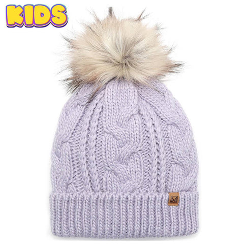 Mint Kid's Cable Knitted Faux Fur Pom Beanie Hat: Kids - One Size - Fashion City