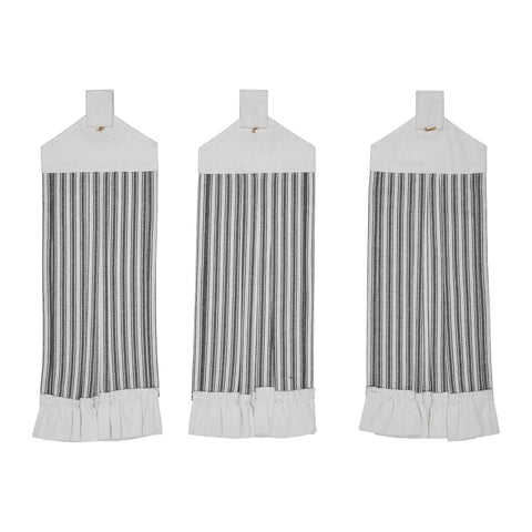 Sawyer Mill Black Ticking Stripe Button Loop Tea Towel, Set of 3 - VHC Brands