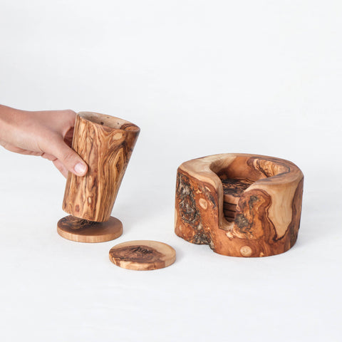 Olive Wood Coaster Set of 6 with Holder - ArtisRaw